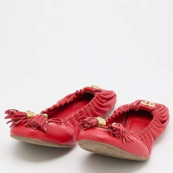 Tory Burch Red Leather Reese Tassel Scrunch Ballet Flats Size 38 - Picture 2 of 5